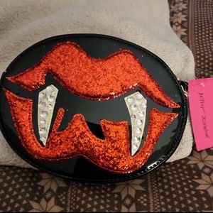 Betsey Johnson Vampire Fangs with Red Lips- sprakle and sequins, brand new